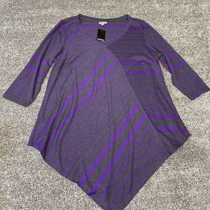 Avenue Shirt Womens Size 14/16 Purple Gray Striped Tunic Bonnie 3/4 Sleeve